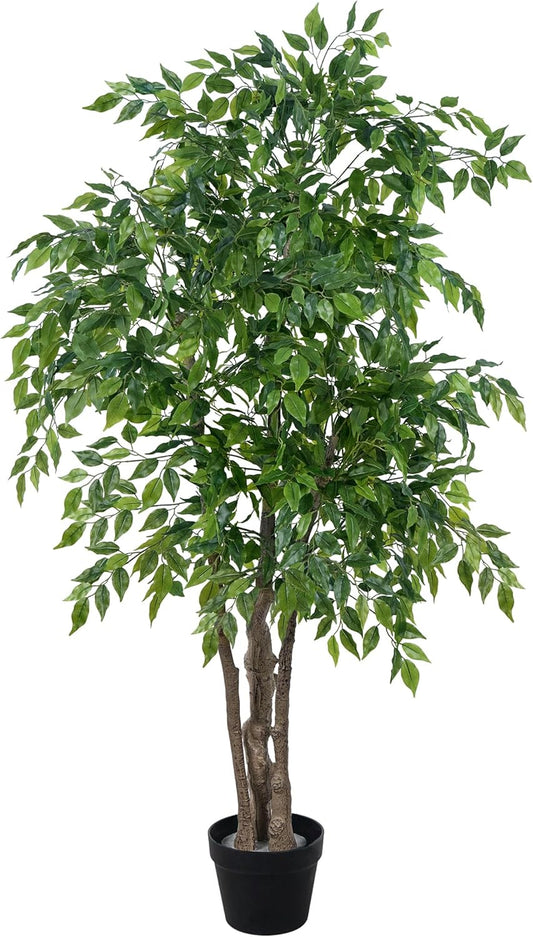 Ficus Tree Artificial with Triple Trunks, 5.5ft Fake Ficus Tree in Black Pot, Tall Artificial Tree Potted Plant for Indoor Outdoor Home Office Living Room Patio Bedroom Decor (5.6FT)