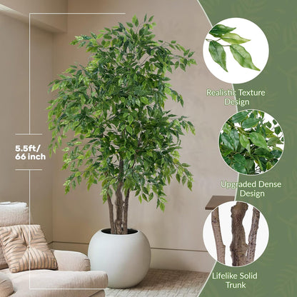 Ficus Tree Artificial with Triple Trunks, 5.5ft Fake Ficus Tree in Black Pot, Tall Artificial Tree Potted Plant for Indoor Outdoor Home Office Living Room Patio Bedroom Decor (5.6FT)