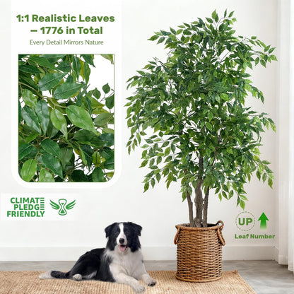 Ficus Tree Artificial with Triple Trunks, 5.5ft Fake Ficus Tree in Black Pot, Tall Artificial Tree Potted Plant for Indoor Outdoor Home Office Living Room Patio Bedroom Decor (5.6FT)