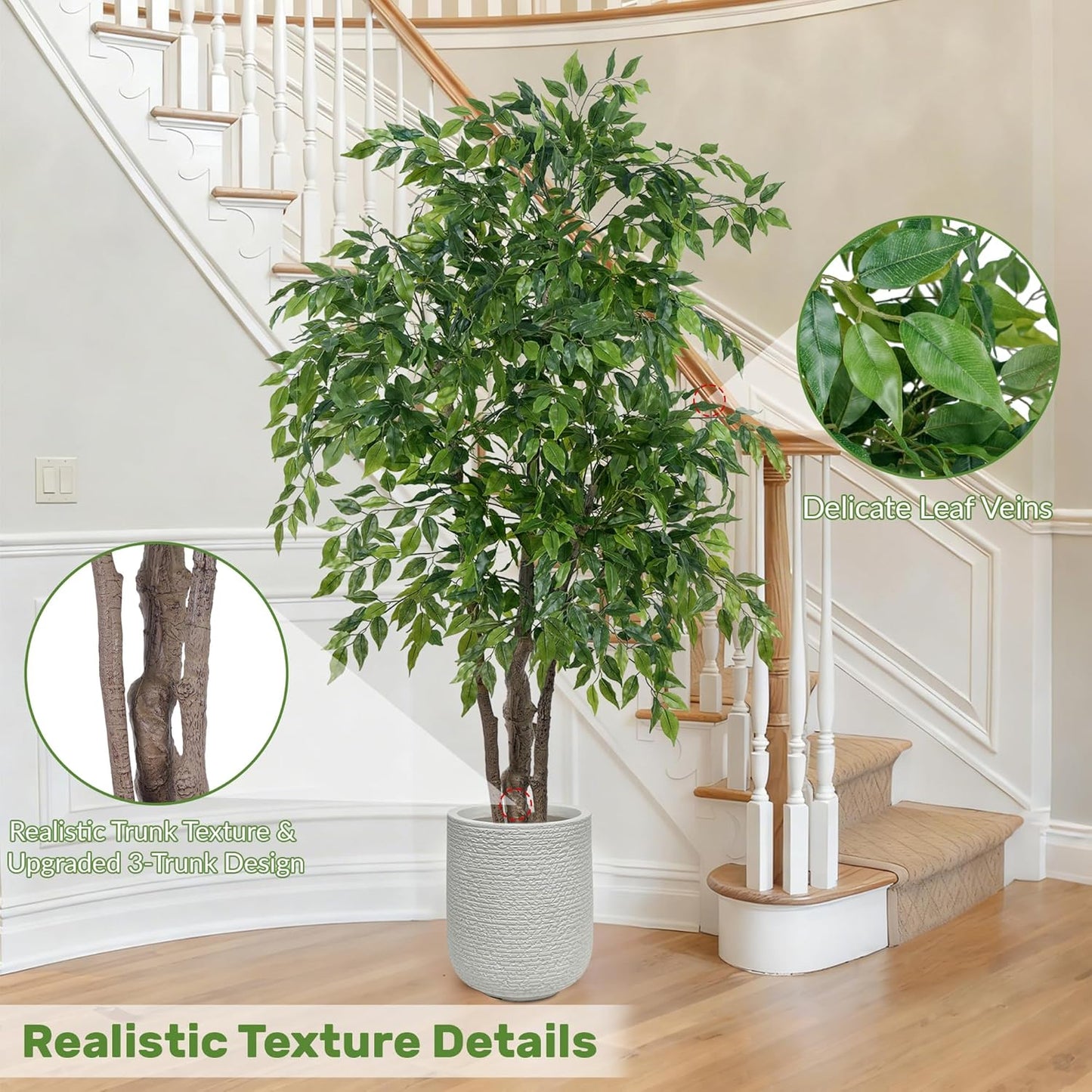 Ficus Tree Artificial with Triple Trunks, 5.5ft Fake Ficus Tree in Black Pot, Tall Artificial Tree Potted Plant for Indoor Outdoor Home Office Living Room Patio Bedroom Decor (5.6FT)