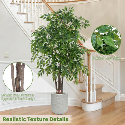 Ficus Tree Artificial with Triple Trunks, 5.5ft Fake Ficus Tree in Black Pot, Tall Artificial Tree Potted Plant for Indoor Outdoor Home Office Living Room Patio Bedroom Decor (5.6FT)