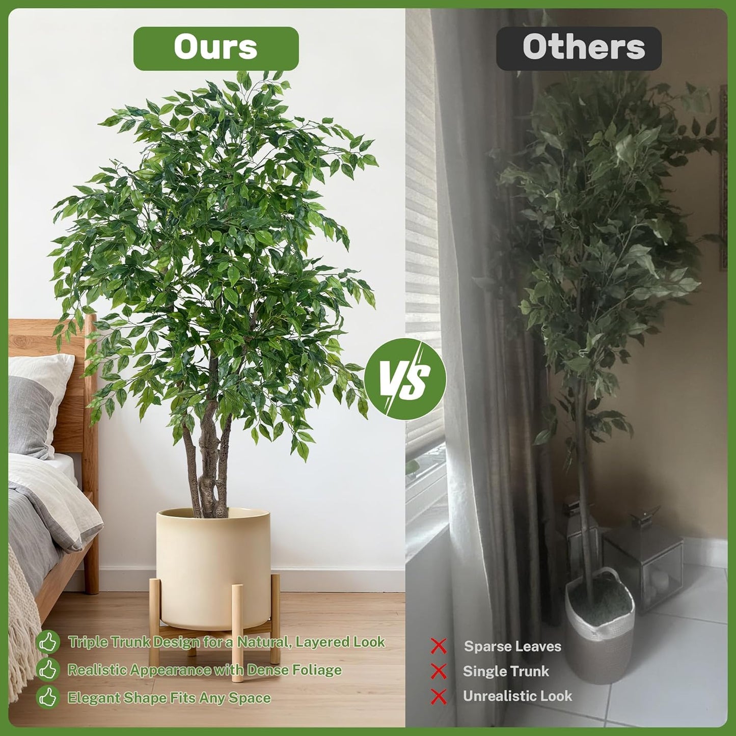 Ficus Tree Artificial with Triple Trunks, 5.5ft Fake Ficus Tree in Black Pot, Tall Artificial Tree Potted Plant for Indoor Outdoor Home Office Living Room Patio Bedroom Decor (5.6FT)