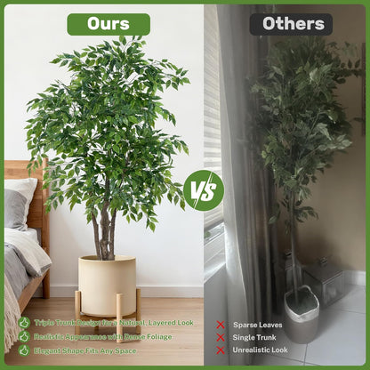 Ficus Tree Artificial with Triple Trunks, 5.5ft Fake Ficus Tree in Black Pot, Tall Artificial Tree Potted Plant for Indoor Outdoor Home Office Living Room Patio Bedroom Decor (5.6FT)