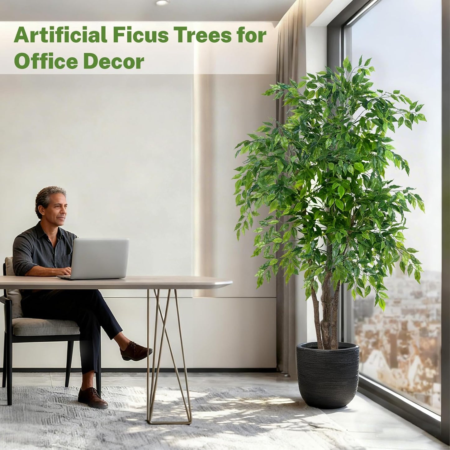 Ficus Tree Artificial with Triple Trunks, 5.5ft Fake Ficus Tree in Black Pot, Tall Artificial Tree Potted Plant for Indoor Outdoor Home Office Living Room Patio Bedroom Decor (5.6FT)