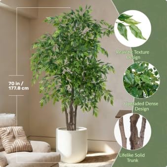 Ficus Tree Artificial with Triple Trunks, 5.5ft Fake Ficus Tree in Black Pot, Tall Artificial Tree Potted Plant for Indoor Outdoor Home Office Living Room Patio Bedroom Decor (5.6FT)