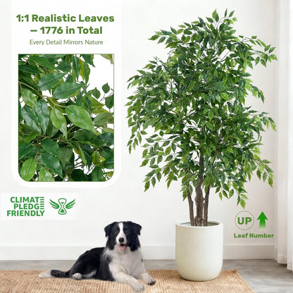Ficus Tree Artificial with Triple Trunks, 5.5ft Fake Ficus Tree in Black Pot, Tall Artificial Tree Potted Plant for Indoor Outdoor Home Office Living Room Patio Bedroom Decor (5.6FT)