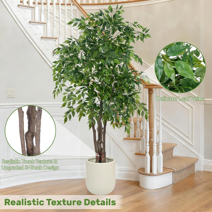 Ficus Tree Artificial with Triple Trunks, 5.5ft Fake Ficus Tree in Black Pot, Tall Artificial Tree Potted Plant for Indoor Outdoor Home Office Living Room Patio Bedroom Decor (5.6FT)