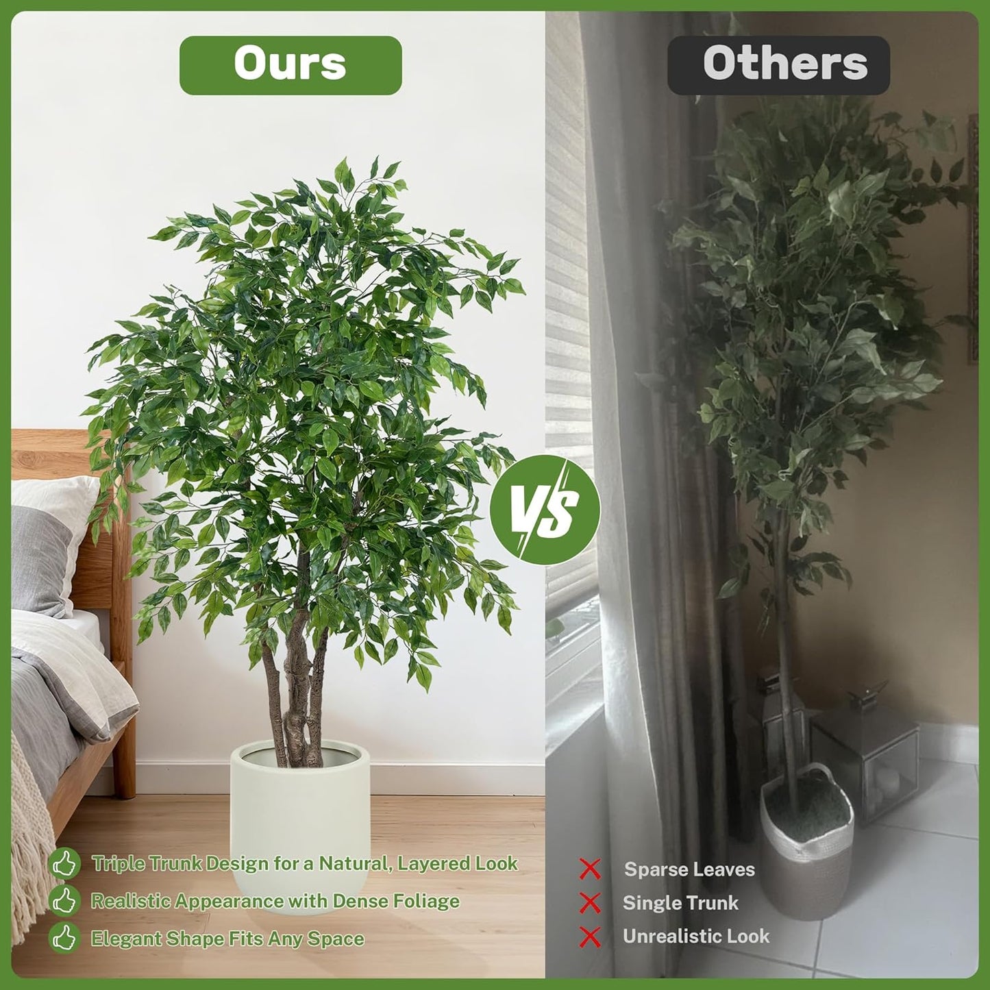 Ficus Tree Artificial with Triple Trunks, 5.5ft Fake Ficus Tree in Black Pot, Tall Artificial Tree Potted Plant for Indoor Outdoor Home Office Living Room Patio Bedroom Decor (5.6FT)