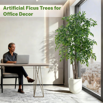 Ficus Tree Artificial with Triple Trunks, 5.5ft Fake Ficus Tree in Black Pot, Tall Artificial Tree Potted Plant for Indoor Outdoor Home Office Living Room Patio Bedroom Decor (5.6FT)