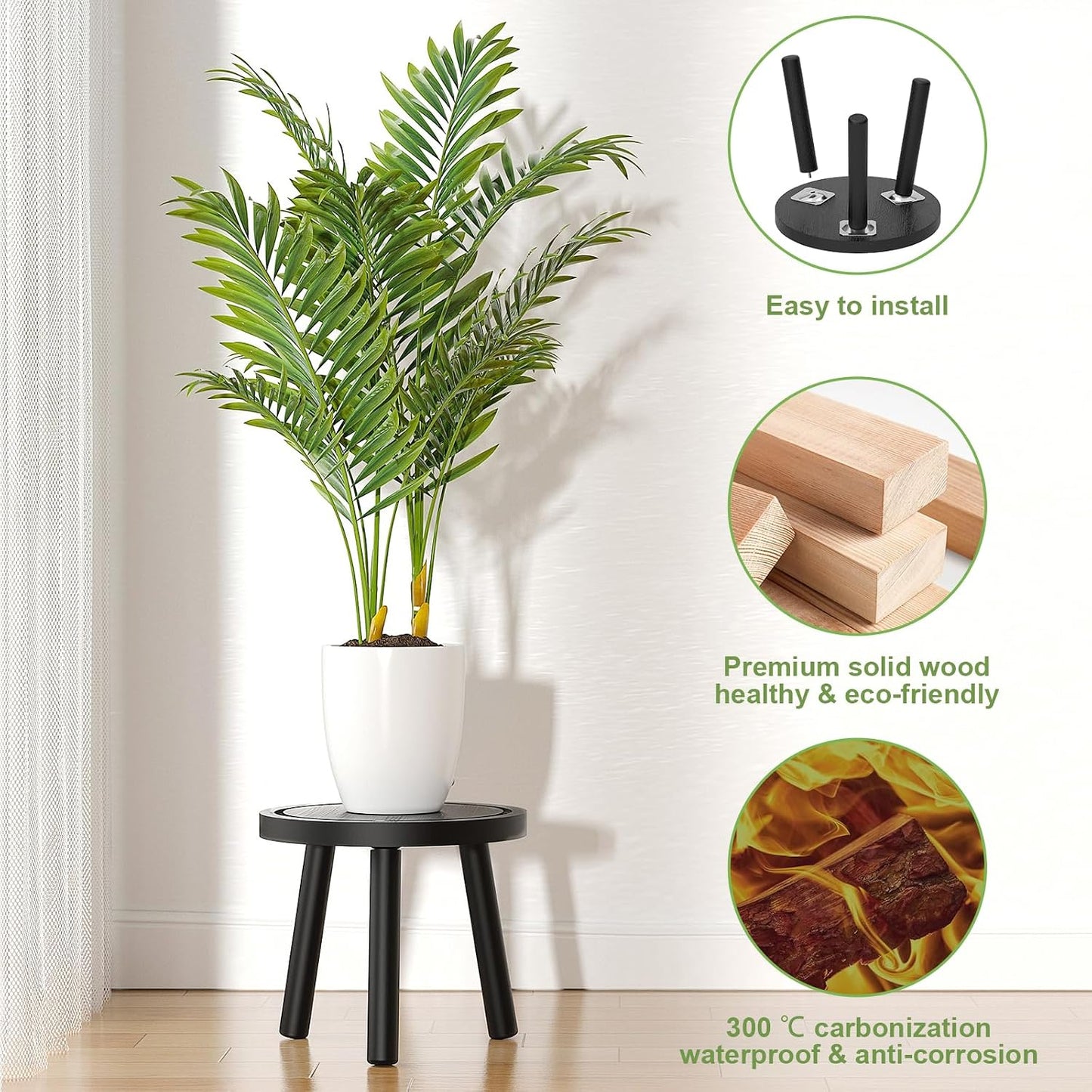 3-Pack Wood Plant Stands Indoor, Single Plant Stand for 6-12 Inch Pots, Mid-Century Modern Plant Stool, Tall Plant Stand for Large Plants Perfect Fit for Living Room, Balcony, Office