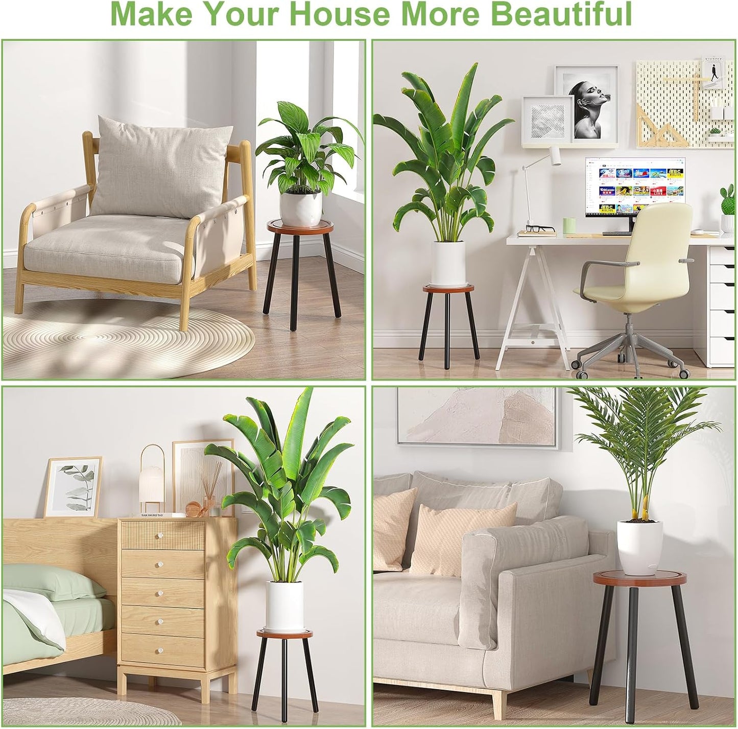 3-Pack Wood Plant Stands Indoor, Single Plant Stand for 6-12 Inch Pots, Mid-Century Modern Plant Stool, Tall Plant Stand for Large Plants Perfect Fit for Living Room, Balcony, Office