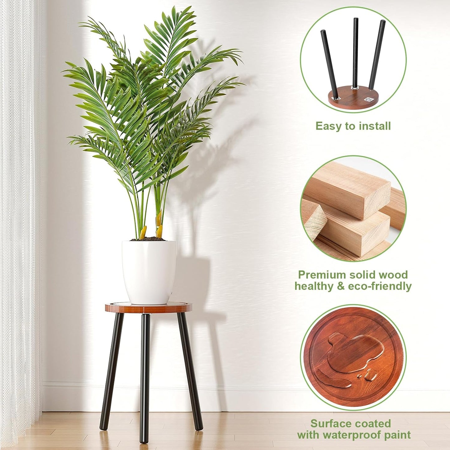 3-Pack Wood Plant Stands Indoor, Single Plant Stand for 6-12 Inch Pots, Mid-Century Modern Plant Stool, Tall Plant Stand for Large Plants Perfect Fit for Living Room, Balcony, Office