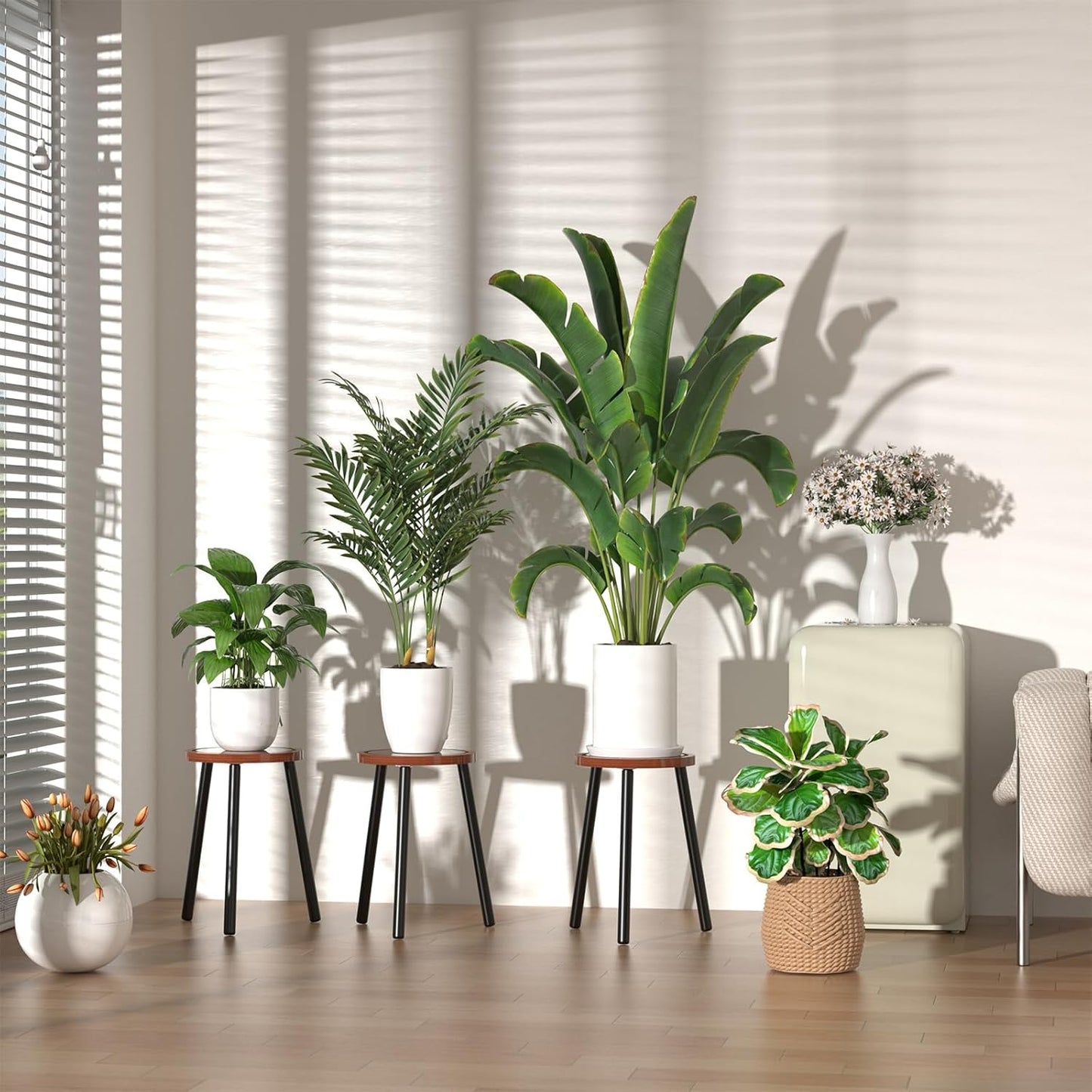 3-Pack Wood Plant Stands Indoor, Single Plant Stand for 6-12 Inch Pots, Mid-Century Modern Plant Stool, Tall Plant Stand for Large Plants Perfect Fit for Living Room, Balcony, Office