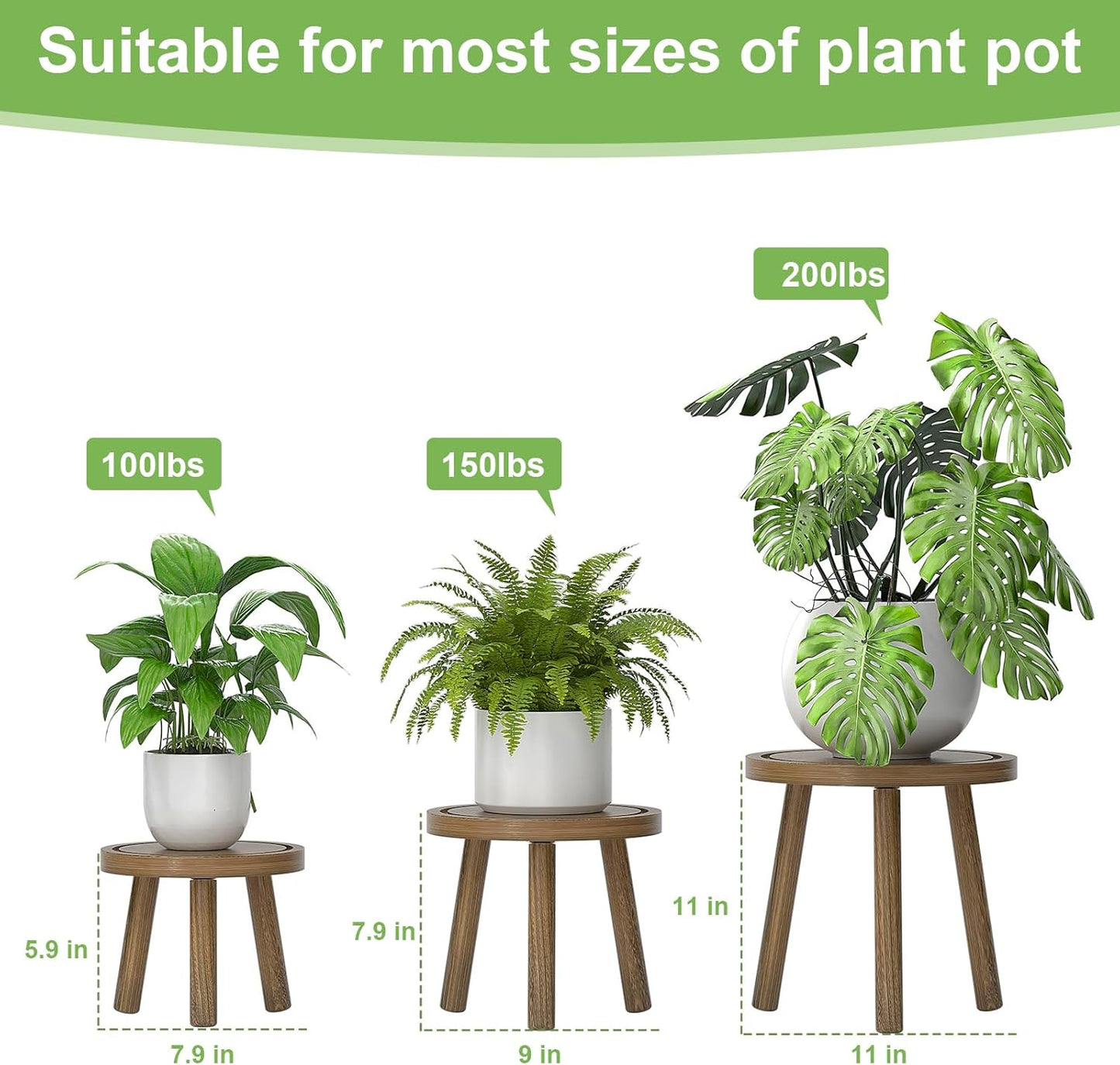 3-Pack Wood Plant Stands Indoor, Single Plant Stand for 6-12 Inch Pots, Mid-Century Modern Plant Stool, Tall Plant Stand for Large Plants Perfect Fit for Living Room, Balcony, Office