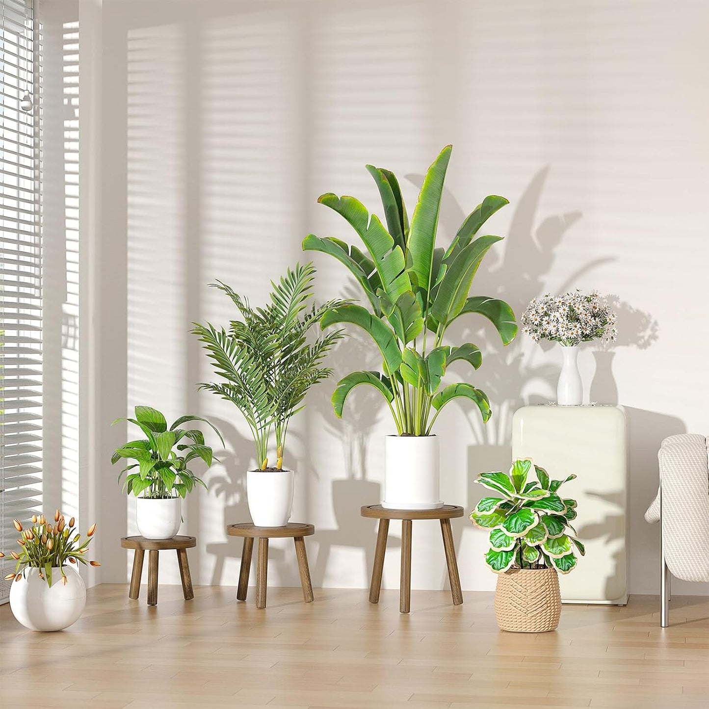 3-Pack Wood Plant Stands Indoor, Single Plant Stand for 6-12 Inch Pots, Mid-Century Modern Plant Stool, Tall Plant Stand for Large Plants Perfect Fit for Living Room, Balcony, Office