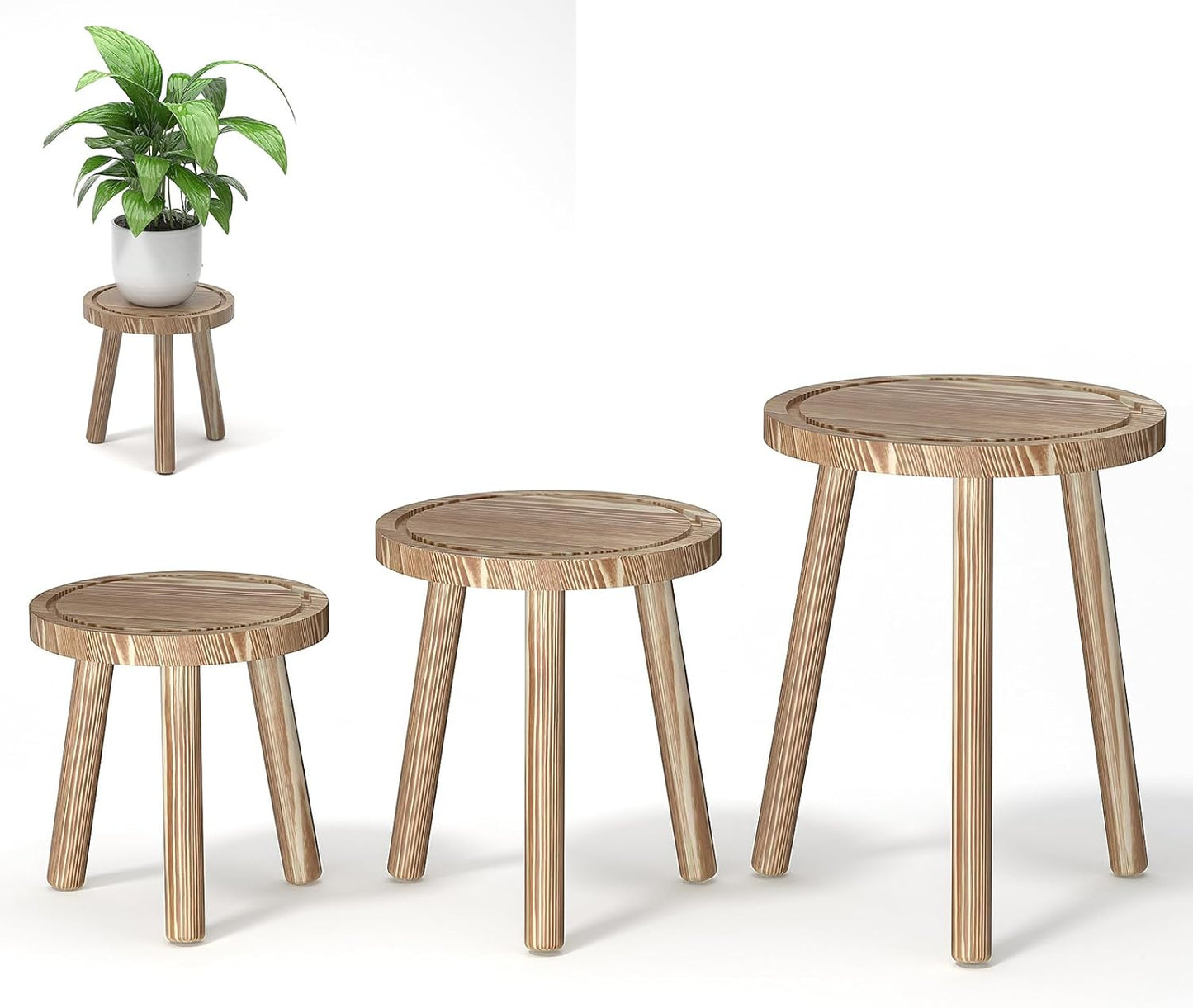 3-Pack Wood Plant Stands Indoor, Single Plant Stand for 6-12 Inch Pots, Mid-Century Modern Plant Stool, Tall Plant Stand for Large Plants Perfect Fit for Living Room, Balcony, Office