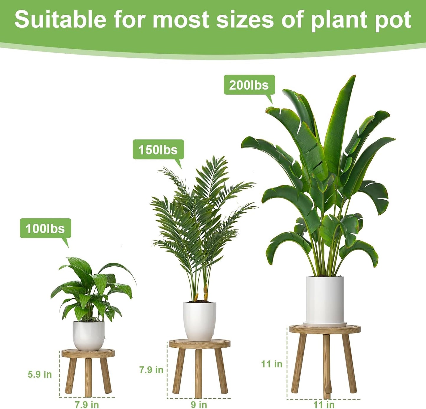 3-Pack Wood Plant Stands Indoor, Single Plant Stand for 6-12 Inch Pots, Mid-Century Modern Plant Stool, Tall Plant Stand for Large Plants Perfect Fit for Living Room, Balcony, Office