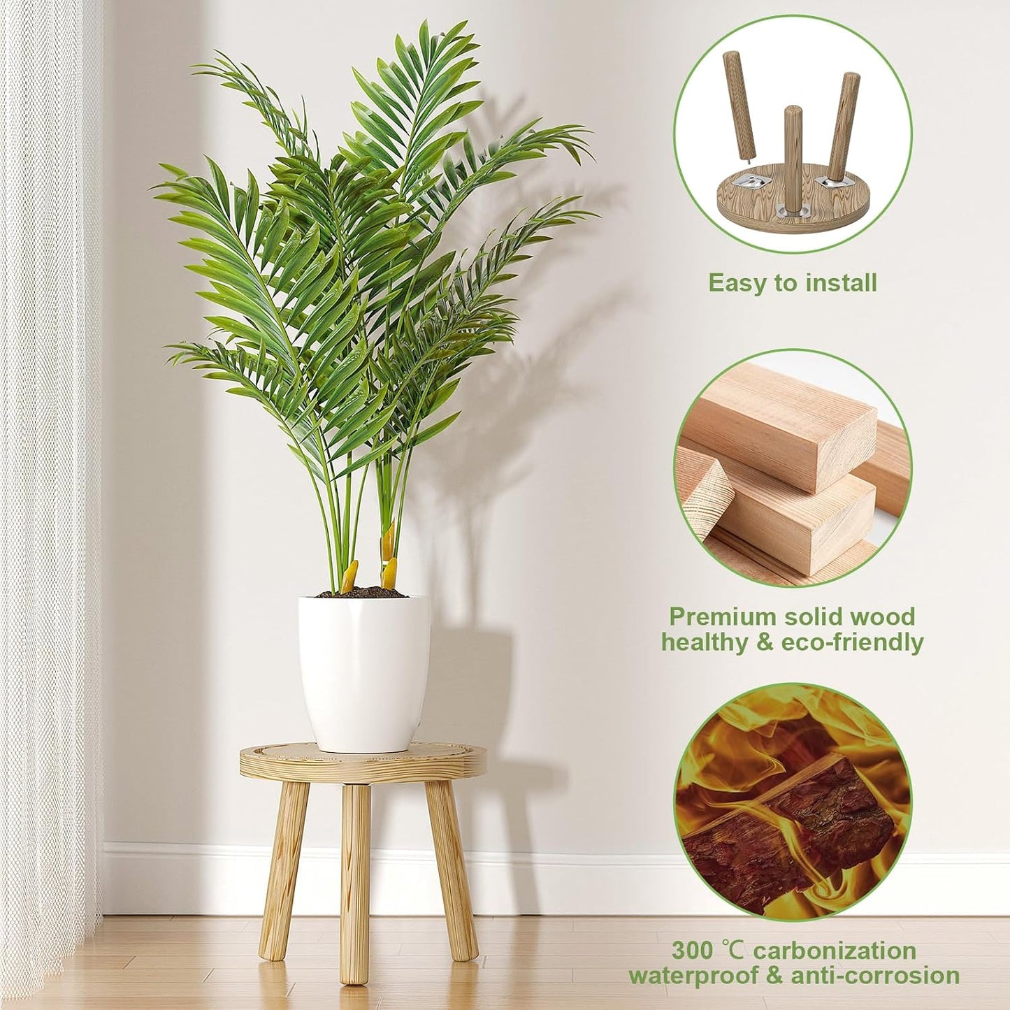 3-Pack Wood Plant Stands Indoor, Single Plant Stand for 6-12 Inch Pots, Mid-Century Modern Plant Stool, Tall Plant Stand for Large Plants Perfect Fit for Living Room, Balcony, Office