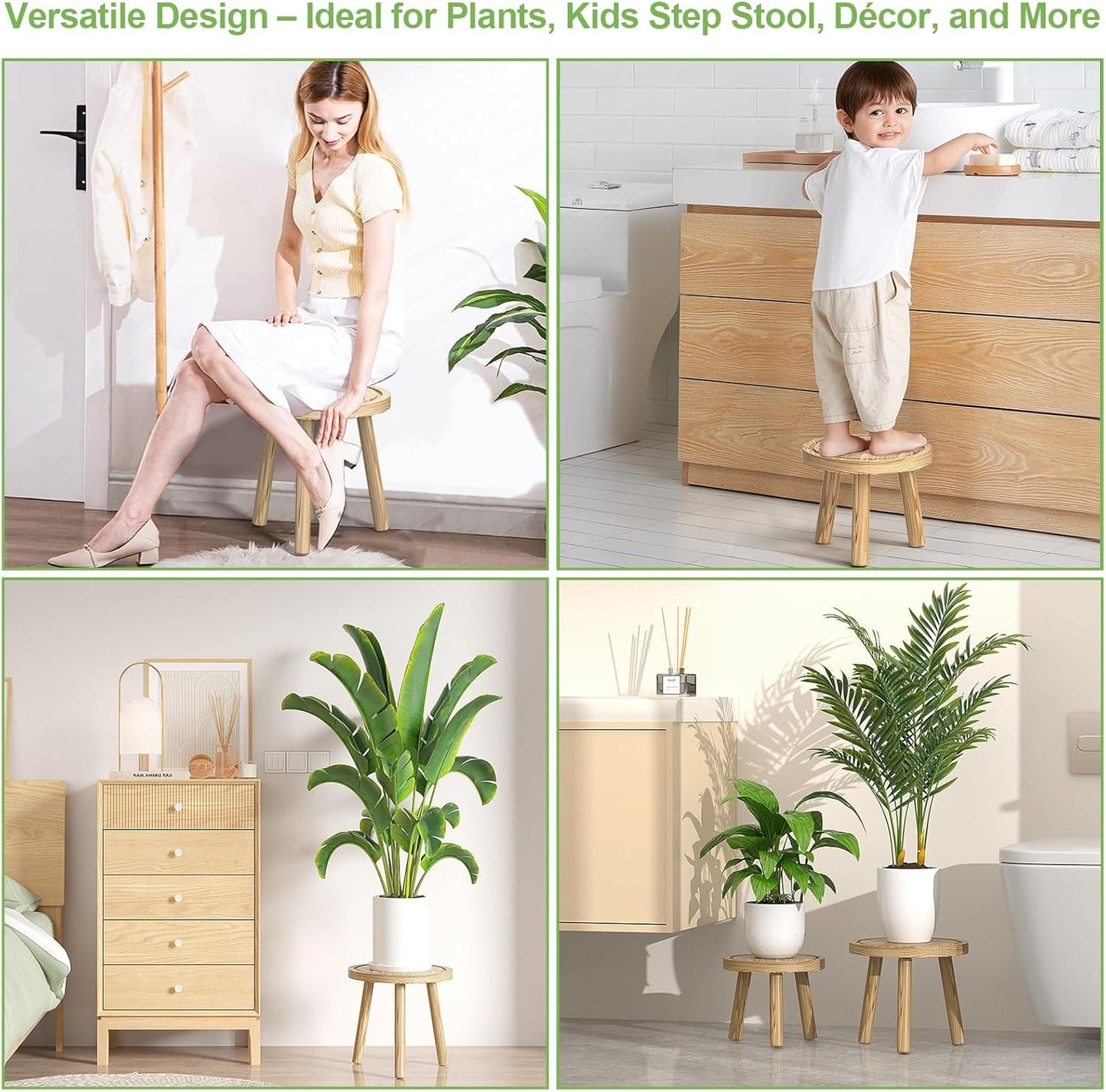 3-Pack Wood Plant Stands Indoor, Single Plant Stand for 6-12 Inch Pots, Mid-Century Modern Plant Stool, Tall Plant Stand for Large Plants Perfect Fit for Living Room, Balcony, Office