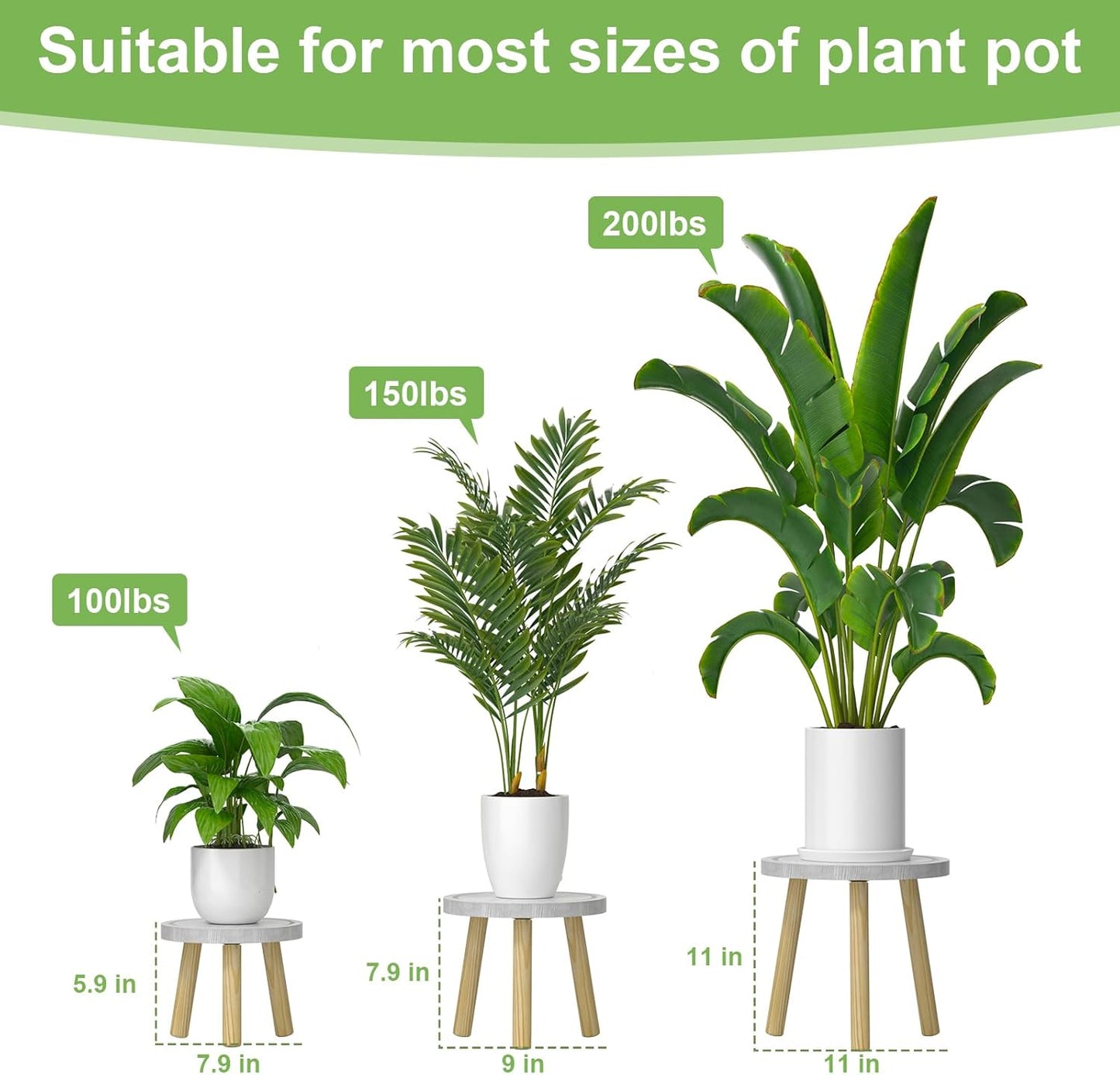3-Pack Wood Plant Stands Indoor, Single Plant Stand for 6-12 Inch Pots, Mid-Century Modern Plant Stool, Tall Plant Stand for Large Plants Perfect Fit for Living Room, Balcony, Office