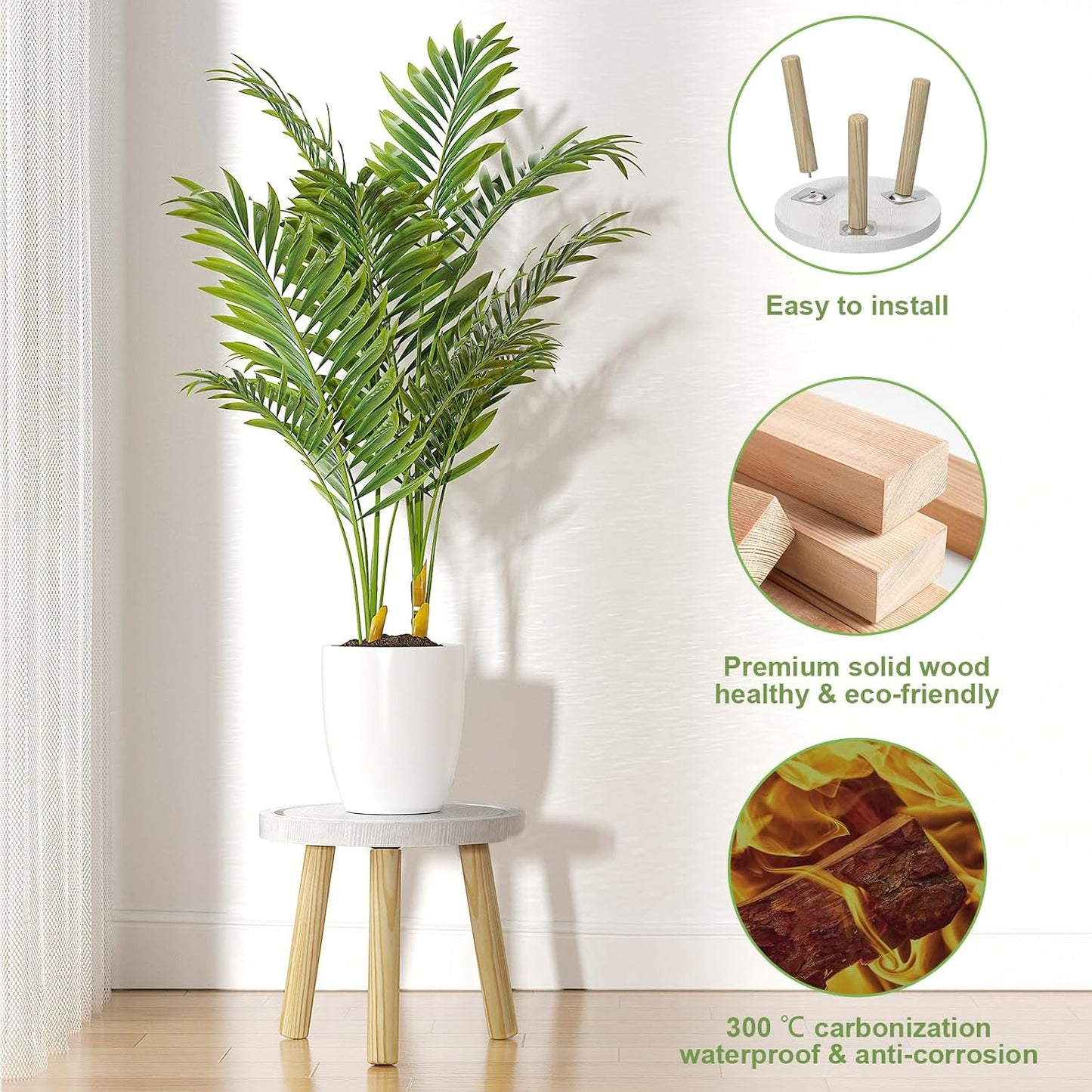 3-Pack Wood Plant Stands Indoor, Single Plant Stand for 6-12 Inch Pots, Mid-Century Modern Plant Stool, Tall Plant Stand for Large Plants Perfect Fit for Living Room, Balcony, Office