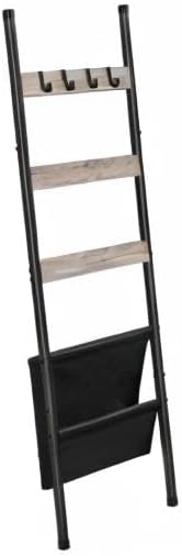 HOOBRO Blanket Ladder, 5 Tier Towel Rack, 17.3" L x 63" H, Wall-Leaning Blanket Rack for Living Room, Decorative Ladder with 4 Hooks and Magazine Pocket, Rustic Brown BF32CJ01
