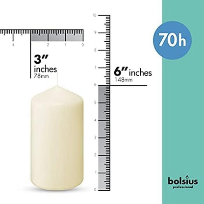 BOLSIUS 6 Ivory Pillar Candles Bulk - 3x4 Inches Candle Set - 40+ Hours Clean Burning - No Palm Oil - 0% Animal Fat - Premium European Quality - Unscented Dripless Restaurant Pillars