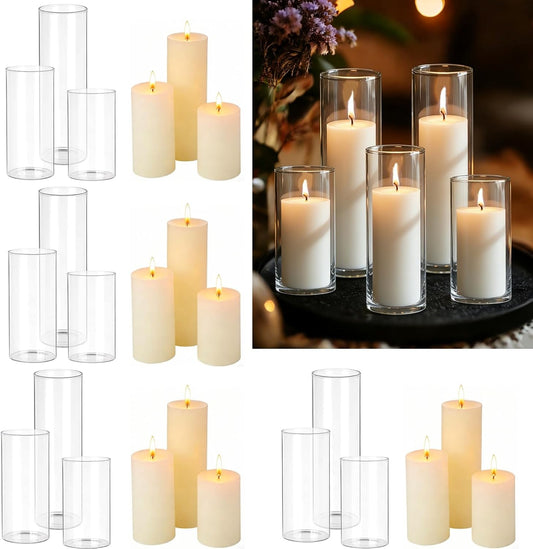24 PCS White Pillar Candles with Glass Candle Holders Clear Hurricane Candle Holders Glass Cylinder Vases for Centerpieces Wedding Party, Event, Home Decor Ivory White