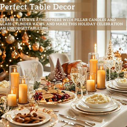 24 PCS White Pillar Candles with Glass Candle Holders Clear Hurricane Candle Holders Glass Cylinder Vases for Centerpieces Wedding Party, Event, Home Decor Ivory White