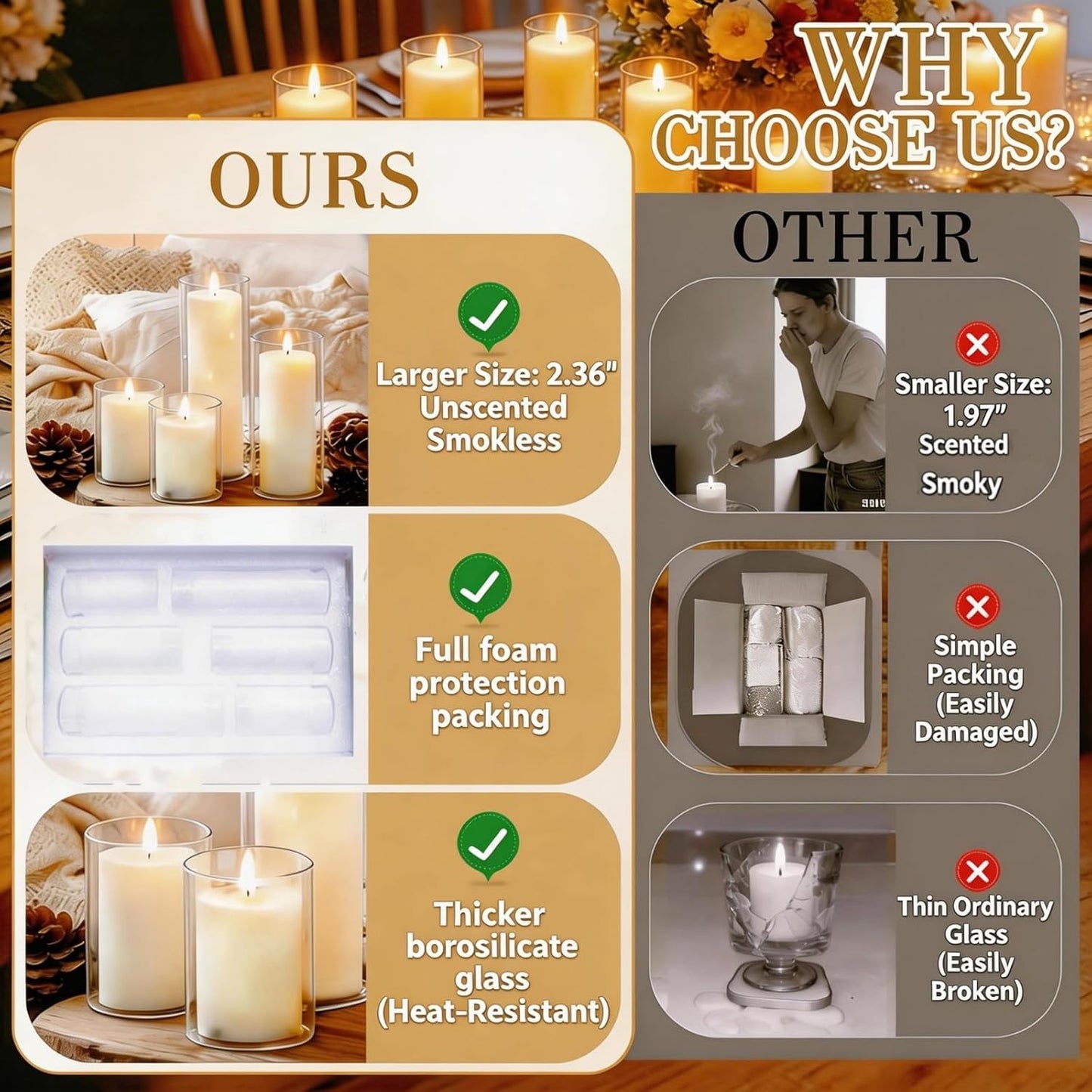 24 PCS White Pillar Candles with Glass Candle Holders Clear Hurricane Candle Holders Glass Cylinder Vases for Centerpieces Wedding Party, Event, Home Decor Ivory White