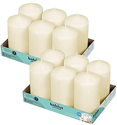 BOLSIUS 6 Ivory Pillar Candles Bulk - 3x4 Inches Candle Set - 40+ Hours Clean Burning - No Palm Oil - 0% Animal Fat - Premium European Quality - Unscented Dripless Restaurant Pillars