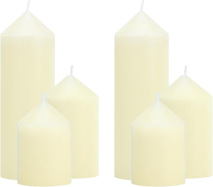 18 Pcs Ivory Pillar Candles Bulk Set，3 Different Lengths 2 x 3/4/6 Inch (6 Each)，Hurricane Candles，Dripless Unscented Smokeless，Gives You a Better Atmosphere When Organizing an Event Party.