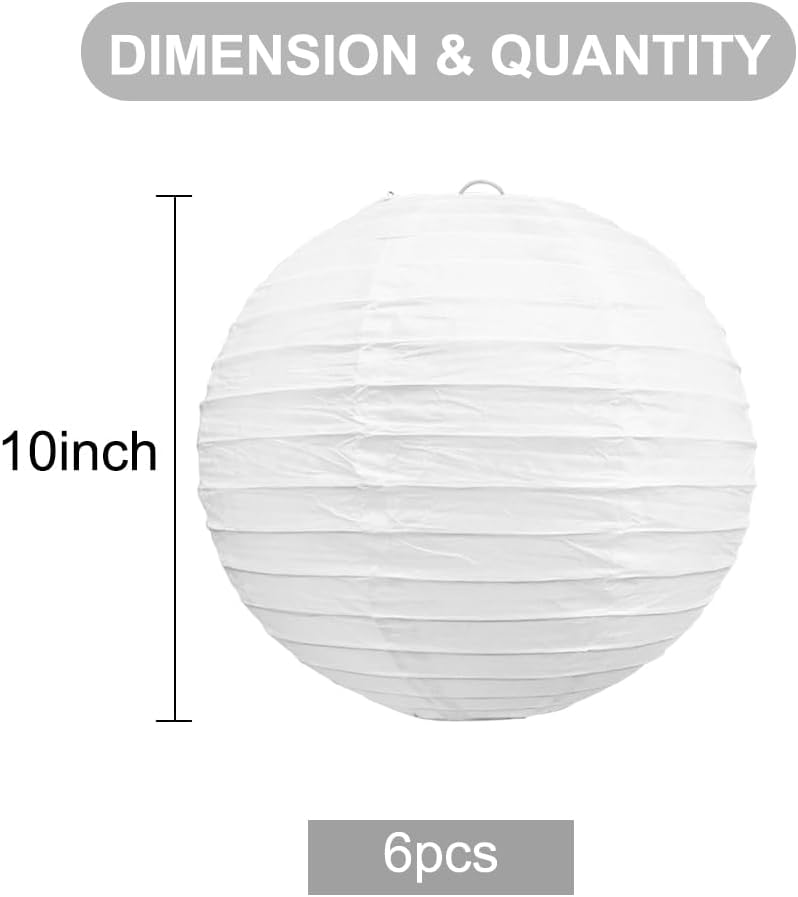 BEISHIDA 10Pcs White Paper Lanterns Decorative Chinese/Japanese Hanging Round Paper Lanterns Lamp for Birthday, Wedding, Christmas, Bridal, Home Decor, Party Decoration(Size of 4”, 6”, 8”, 10”)