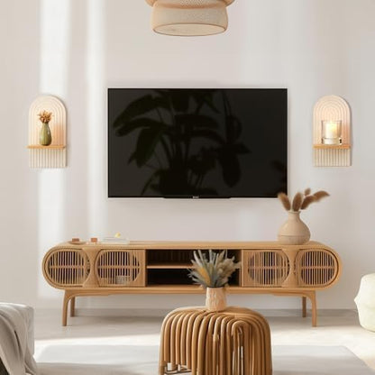 Mid Century Modern Candle Sconces: Set of 2 Walnut Boho Wall Candle Holder Decor for Living Room Fireplace - Arch Candle Shelf for Plants Pillars Candles