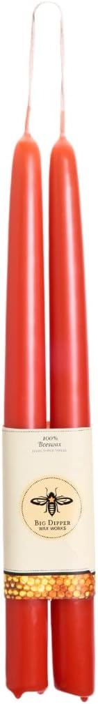 Big Dipper Wax Works Red Hand-Dipped Beeswax Taper Candles – 12” x 7/8”, 2-Pack, 100% Pure Beeswax, Long Burning, Clean, Cotton Wick, Handmade in USA, Home Décor & Wedding Candles