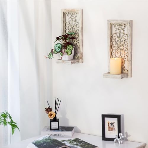 Farmhouse Wall Candle Holder Decor: Rustic Candle Sconces Set of Two for Pillar Candles - Brown Wooden Shelving for Fireplace Bathroom Hallway