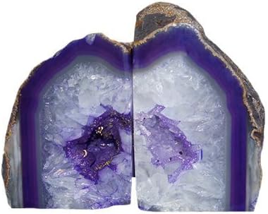 JIC Gem Dyed Blue Agate Bookends Geode Decorative Book Ends for Heavy Books with Rubber Bumpers for Office and Home Decoration Polished Small Size 2 to 3 Lbs