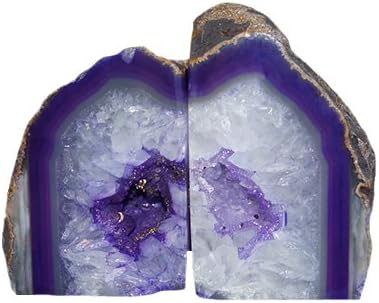 JIC Gem Dyed Blue Agate Bookends Geode Decorative Book Ends for Heavy Books with Rubber Bumpers for Office and Home Decoration Polished Small Size 2 to 3 Lbs
