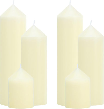 18 Pcs Ivory Pillar Candles Bulk Set，3 Different Lengths 2 x 3/4/6 Inch (6 Each)，Hurricane Candles，Dripless Unscented Smokeless，Gives You a Better Atmosphere When Organizing an Event Party.