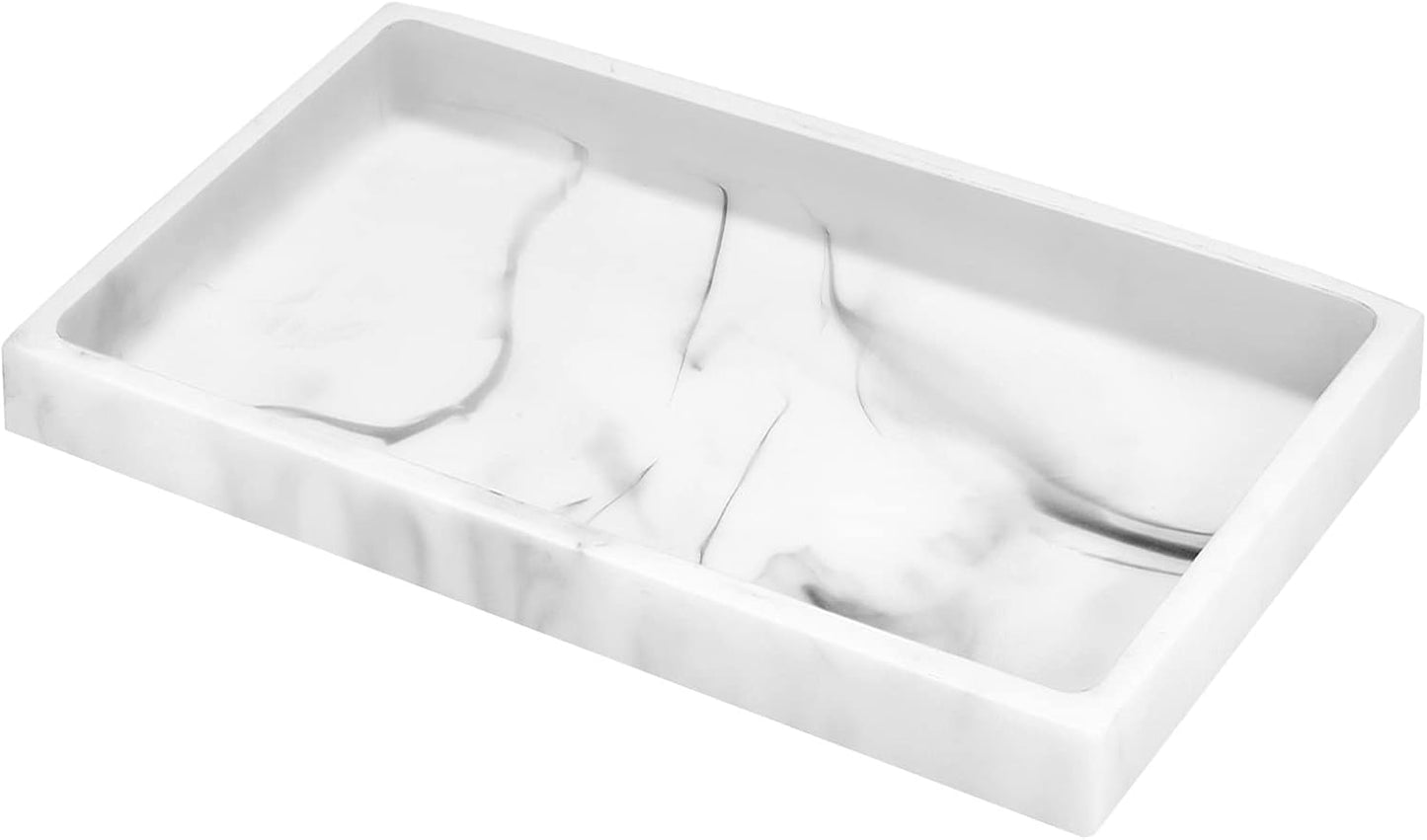 Luxspire Bathroom Vanity Tray, 8 x 4 inch Resin Kitchen Sink Tray for Soap Dispenser Bathroom Countertop Organizer Plate Holder for Perfume Soap Towel Bathroom Accessories, Mini, White Marble
