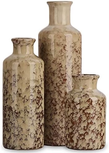 Blue Ceramic Vase Set - 3 Blue Small Vases, Farmhouse Country Flower Vase Home Decor, Living Room Decoration, Table Decoration, Fireplace Decor, and Entrance Decorations Centerpieces