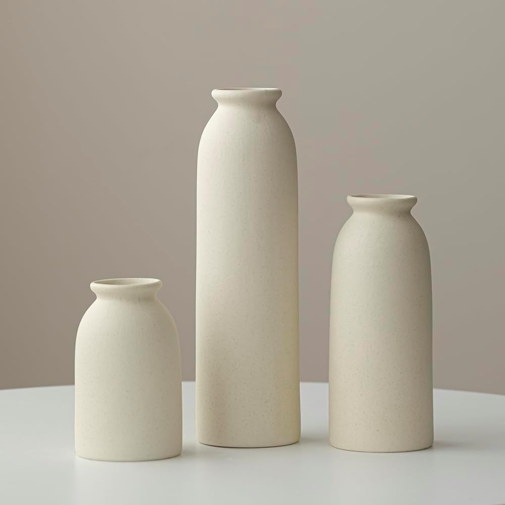 10.4 inches Tall Decorative Ceramic Vase Set, 3 Pieces, Nordic Modern Boho Style, White, Modern Farmhouse for Home Decor (Coffee Mix)