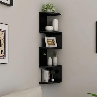 No-Drill Corner Shelf Wall Mount, 5-Tier Floating Corner Bookshelf with Hooks, Space-Saving Zigzag Plant Shelf for Bedroom, Living Room, Bathroom, Home Office