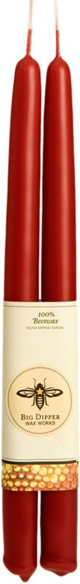 Big Dipper Wax Works Red Hand-Dipped Beeswax Taper Candles – 12” x 7/8”, 2-Pack, 100% Pure Beeswax, Long Burning, Clean, Cotton Wick, Handmade in USA, Home Décor & Wedding Candles
