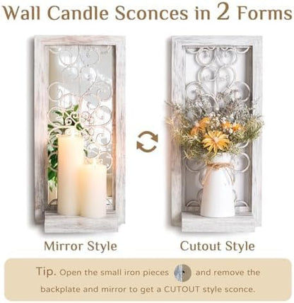 Farmhouse Wall Candle Holder Decor: Rustic Candle Sconces Set of Two for Pillar Candles - Brown Wooden Shelving for Fireplace Bathroom Hallway