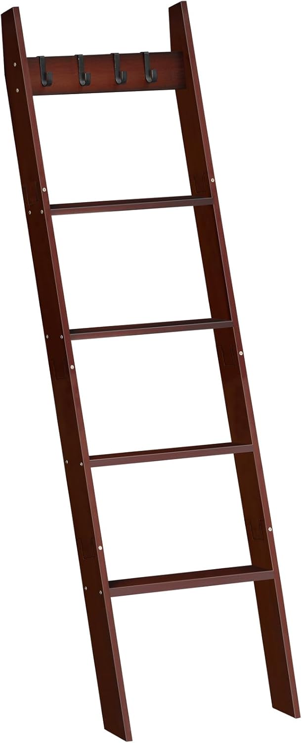 HOOBRO Blanket Ladder for Living Room and Bedroom, 5-Tier Wall Leaning Towel Rack for Bathroom, Decorative Ladder Shelf with 4 Removable Hooks, Farmhouse Blanket Storage, Mocha MA51CJ01G1