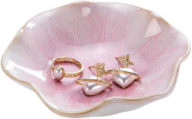 JAMEND CLXP Lotus Leaf Shape Decorative Ring Tray, Small Key Bowl, Ceramic Trinket Tray Jewelry Dish Organizing Necklace Earrings, Home Decoration for Mom Best Friend Sister, Pink.