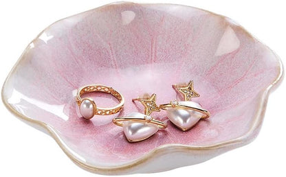 JAMEND CLXP Lotus Leaf Shape Decorative Ring Tray, Small Key Bowl, Ceramic Trinket Tray Jewelry Dish Organizing Necklace Earrings, Home Decoration for Mom Best Friend Sister, Pink.