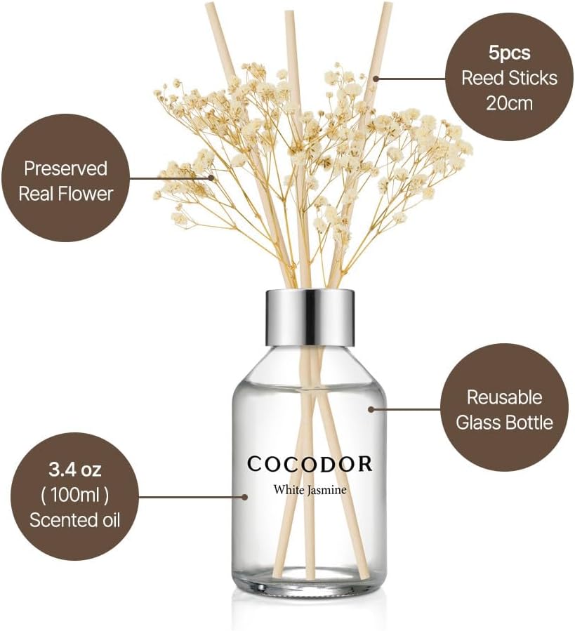 COCODOR Flower Reed Diffuser Set / 3.4oz / White Jasmine/Scent Diffuser with Sticks Home Fragrance Reed Diffuser for Bathroom Shelf Decor
