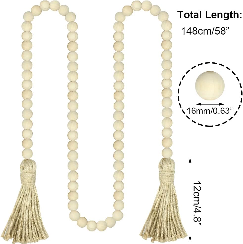 Sivya 58in Farmhouse Beads Wood Bead Garland with Tassels (Natural Wood, 58in/1Pcs)